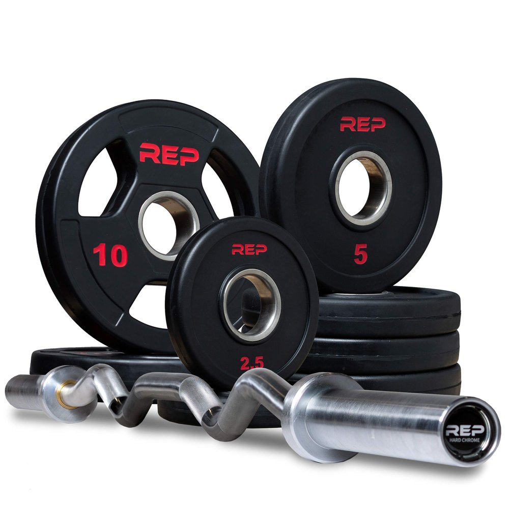 Rep Fitness 45lb Rubber Coated Olympic Plate Set and Hard Chrome EZ Curl Barbell
