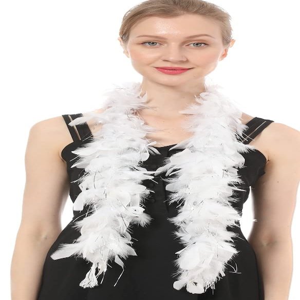 Flydreamfeathers Feather Boa 25 Gram, 4 Feet Long Chandelle Feather Boa, Great for Party, Wedding, Halloween Costume, Christmas Tree, Decoration (White W/Silver Tinsel)