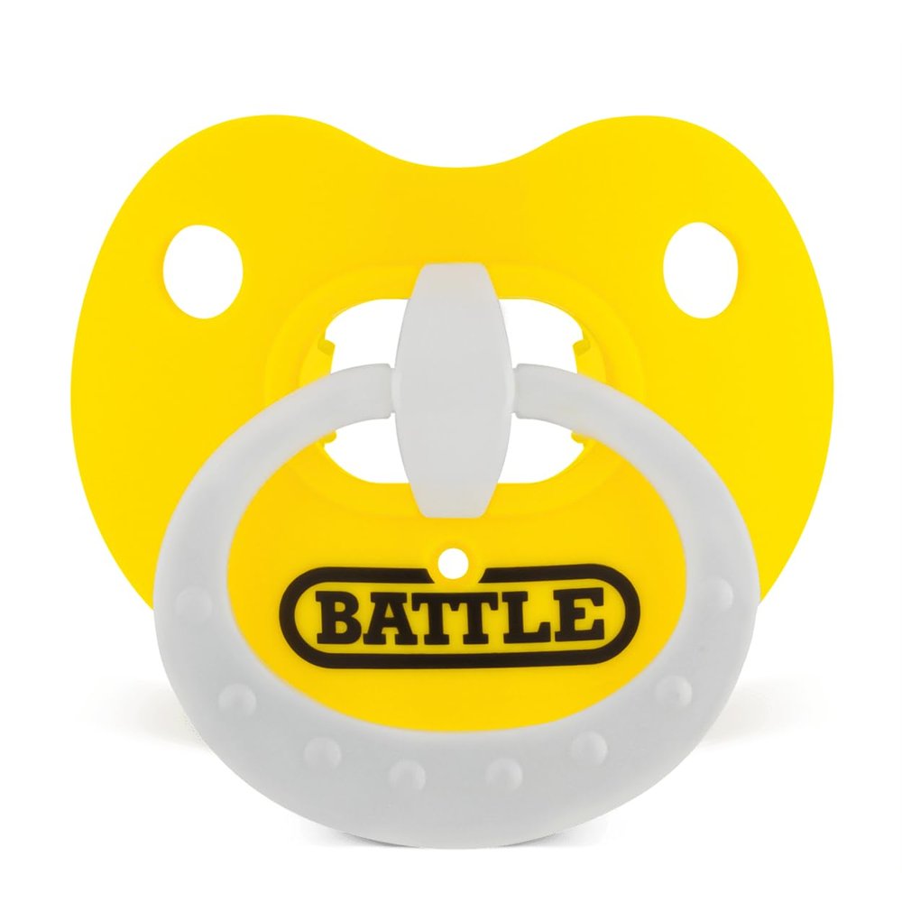 Battle Sports Binky Oxygen Football Mouthguard - Detachable Strap, Maximum Breathability, Works with Braces & No Boiling Required - Yellow/White