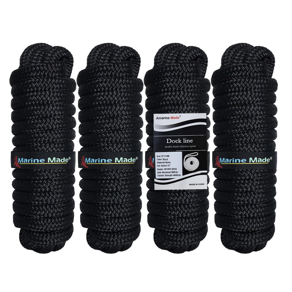 Amarine Made 1/2 X 15 Dock Lines, 4pcs Boat Dock Lines, 12 Eyelet Boat Ropes with Loop, Boat Rope Docking 968lbs Working Load, Nylon Dock Line with 4840lbs Strength, Boat Ropes for Docking, Black