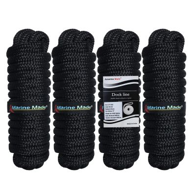 Amarine Made 1/2" x 25' Dock Lines, 4 Pack Boat Dock Lines for Boat, Double Braided Boat Lines with Loop Docking, Black Dock Line with 12" Eyelet
