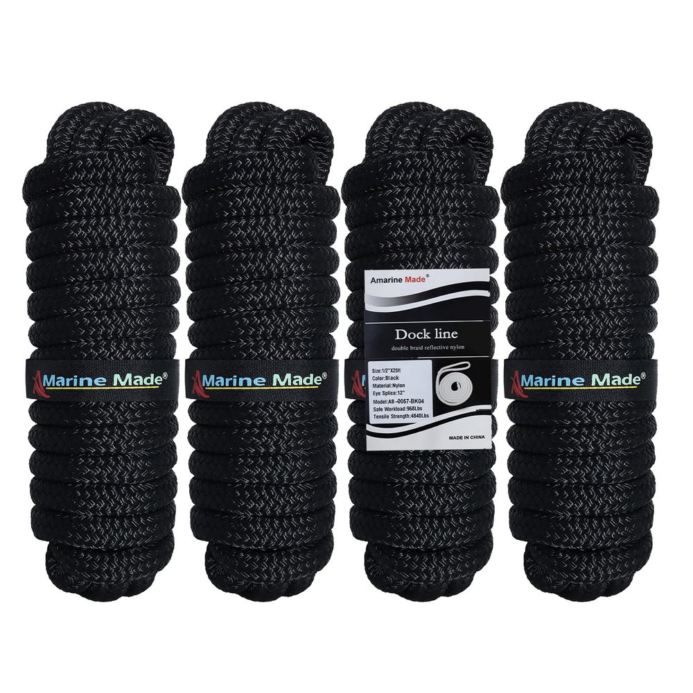 Amarine Made 1/2" x 25' Dock Lines, 4 Pack Boat Dock Lines for Boat, Double Braided Boat Lines with Loop Docking, Black Dock Line with 12" Eyelet