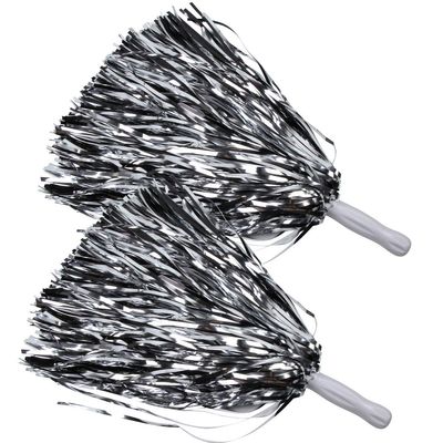 ICObuty Metallic Cheerleading Pom Poms Foil Fluffy 12 inch 2 Pack NO Sheddingfor Sport Squads Dance Hen Party Stage Performance Celebration (Silver/Black)