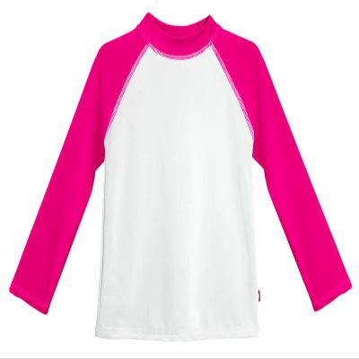 Made in USA Long Sleeve Girls' Rashguard Swimming Suit Swim Tshirt Tee UPF50+ Sun Protection for Beach Pool Summer Fun, White w/Hot Pink, 2T