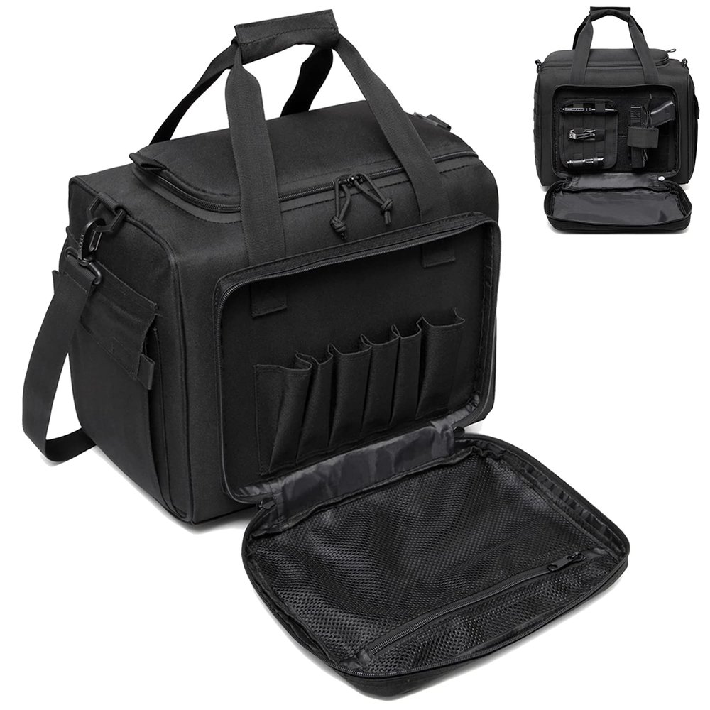 DBTAC Gun Range Bag Large | Tactical 4+ Pistol Shooting Range Duffle Bag for Handguns and Ammo with 2X Removable Hook & Loop Divider for DSLR | US Flag Patch + Universal Holster Included (Black)