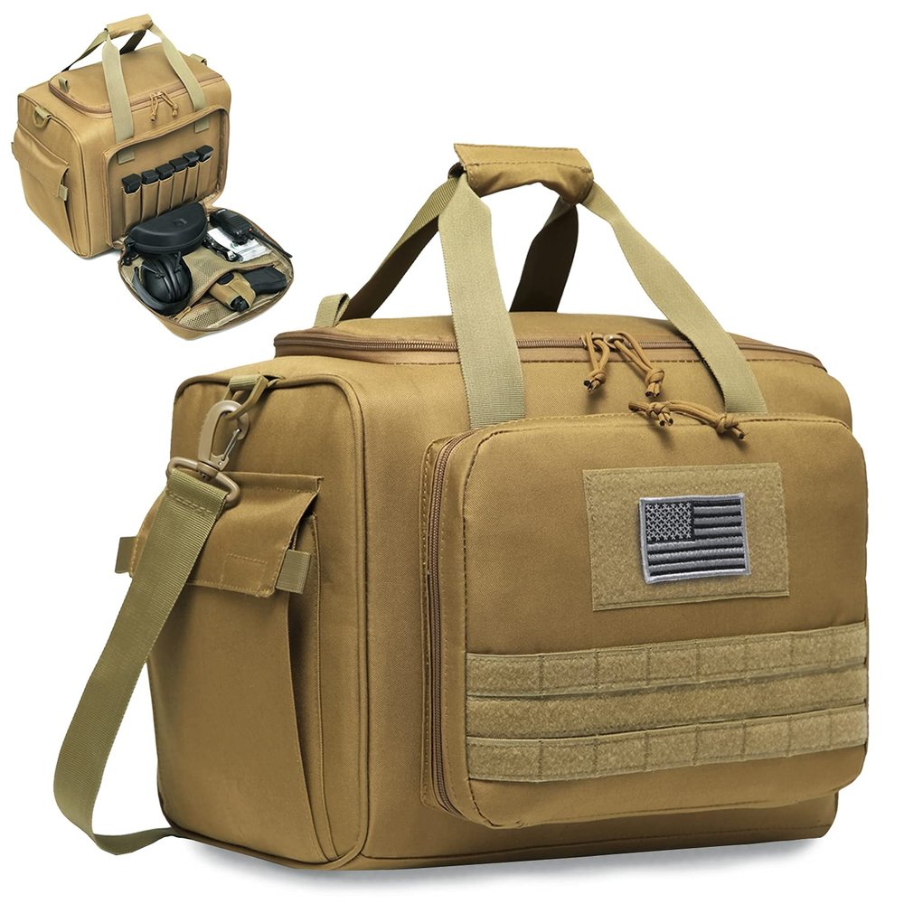DBTAC Gun Range Bag Large | Tactical 4+ Pistol Shooting Range Duffle Bag for Handguns and Ammo with 2X Removable Hook & Loop Divider for DSLR | US Flag Patch + Universal Holster Included (Brown)