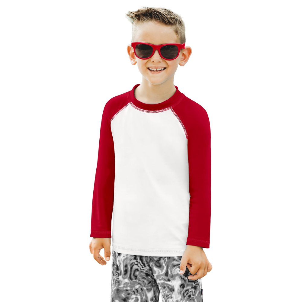 City Threads Boys Rashguard Swim Shirt UPF 50+ Soft Comfortable Durable Sun Protection Made in USA, White with Red, 3-6 Months