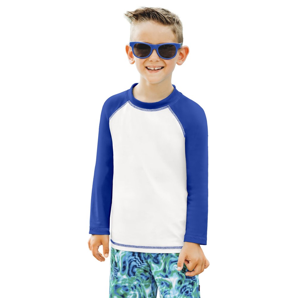 City Threads Boys Rashguard Swim Shirt UPF 50+ Soft Comfortable Durable Sun Protection Made in USA, White with Royal Blue, 2T