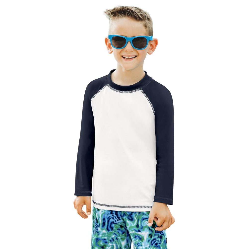 City Threads Boys Rashguard Swim Shirt UPF 50+ Soft Comfortable Durable Sun Protection Made in USA, White with Navy, 3-6 Months