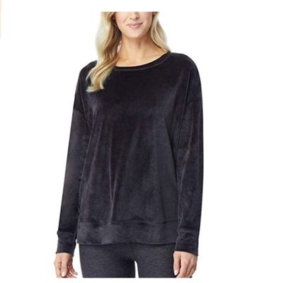 32 DEGREES Ladies' Crewneck Drop Shoulder Velour Pullover (L, Black)