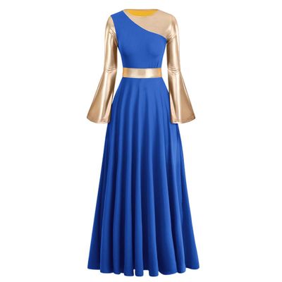 Metallic Praise Dance Dresses for Women Liturgical Lyrical Dancewear Gold Color Block Long Sleeve Dance Dress Loose Fit Full Length Robe Tunic Skirt Swing Gown Worship Costume Royal Blue + Gold XL