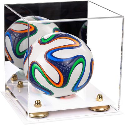 Better Display Cases Acrylic Mini - Miniature (not Full Size) Soccer Ball Display Case with Mirror Case, Gold Risers and White Base (B03/A015)