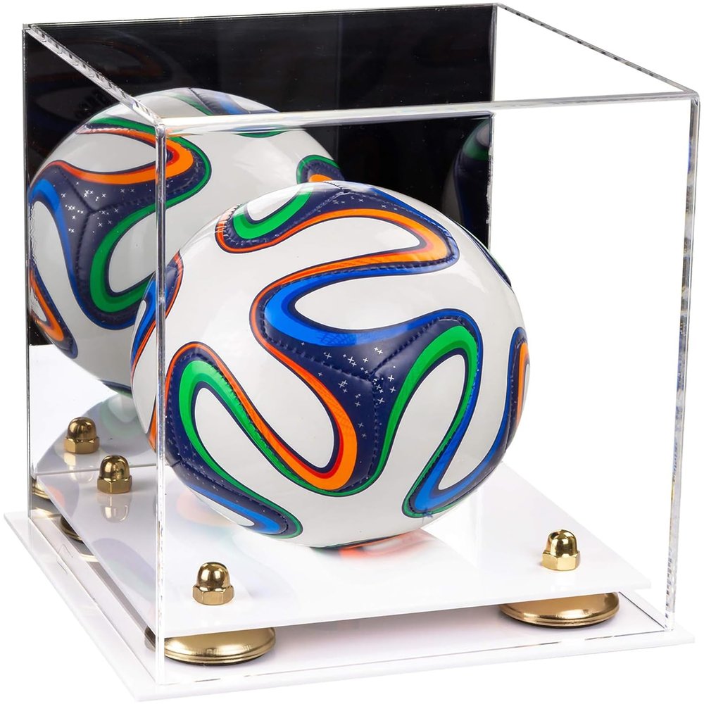 Better Display Cases Acrylic Mini - Miniature (not Full Size) Soccer Ball Display Case with Mirror Case, Gold Risers and White Base (B03/A015)