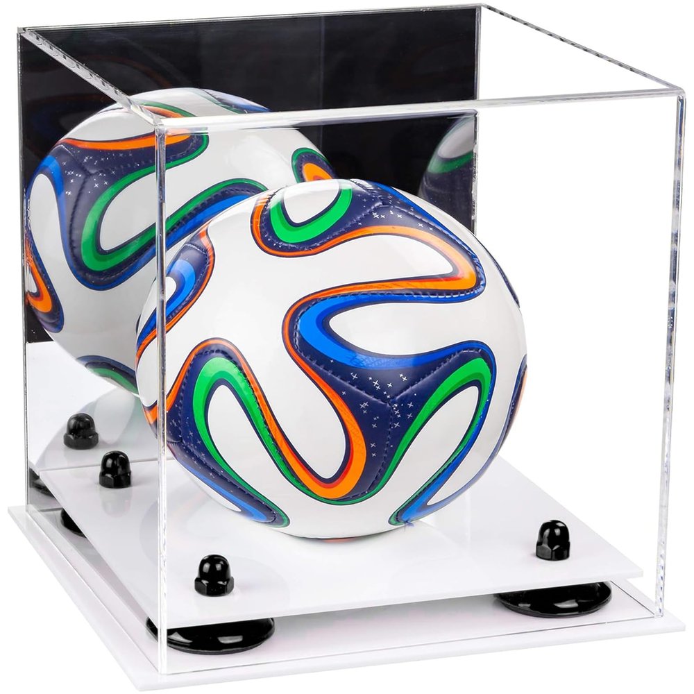 Better Display Cases Acrylic Mini - Miniature (not Full Size) Soccer Ball Display Case with Mirror Case, Black Risers and White Base (B03/A015)