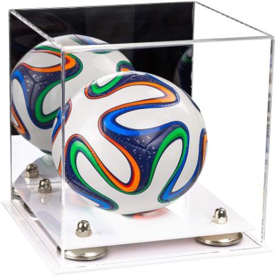 Better Display Cases Acrylic Mini - Miniature (not Full Size) Soccer Ball Display Case with Mirror Case, Silver Risers and White Base (B03/A015)