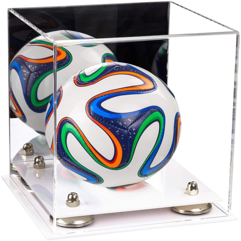 Better Display Cases Acrylic Mini - Miniature (not Full Size) Soccer Ball Display Case with Mirror Case, Silver Risers and White Base (B03/A015)