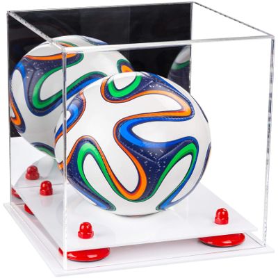 Better Display Cases Acrylic Mini - Miniature (not Full Size) Soccer Ball Display Case with Mirror Case, Red Risers and White Base (B03/A015)