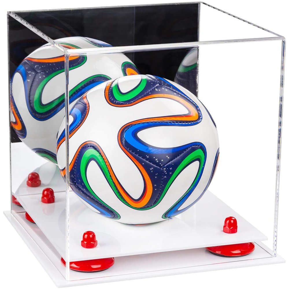 Better Display Cases Acrylic Mini - Miniature (not Full Size) Soccer Ball Display Case with Mirror Case, Red Risers and White Base (B03/A015)