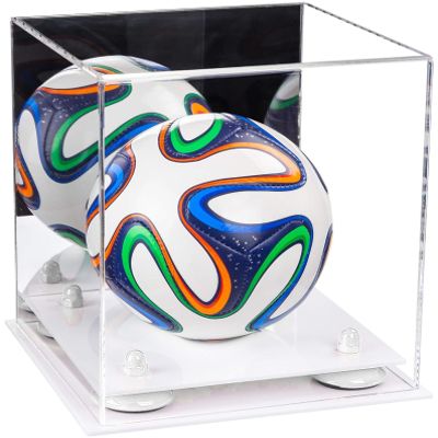 Better Display Cases Acrylic Mini - Miniature (not Full Size) Soccer Ball Display Case with Mirror Case, White Risers and White Base (B03/A015)