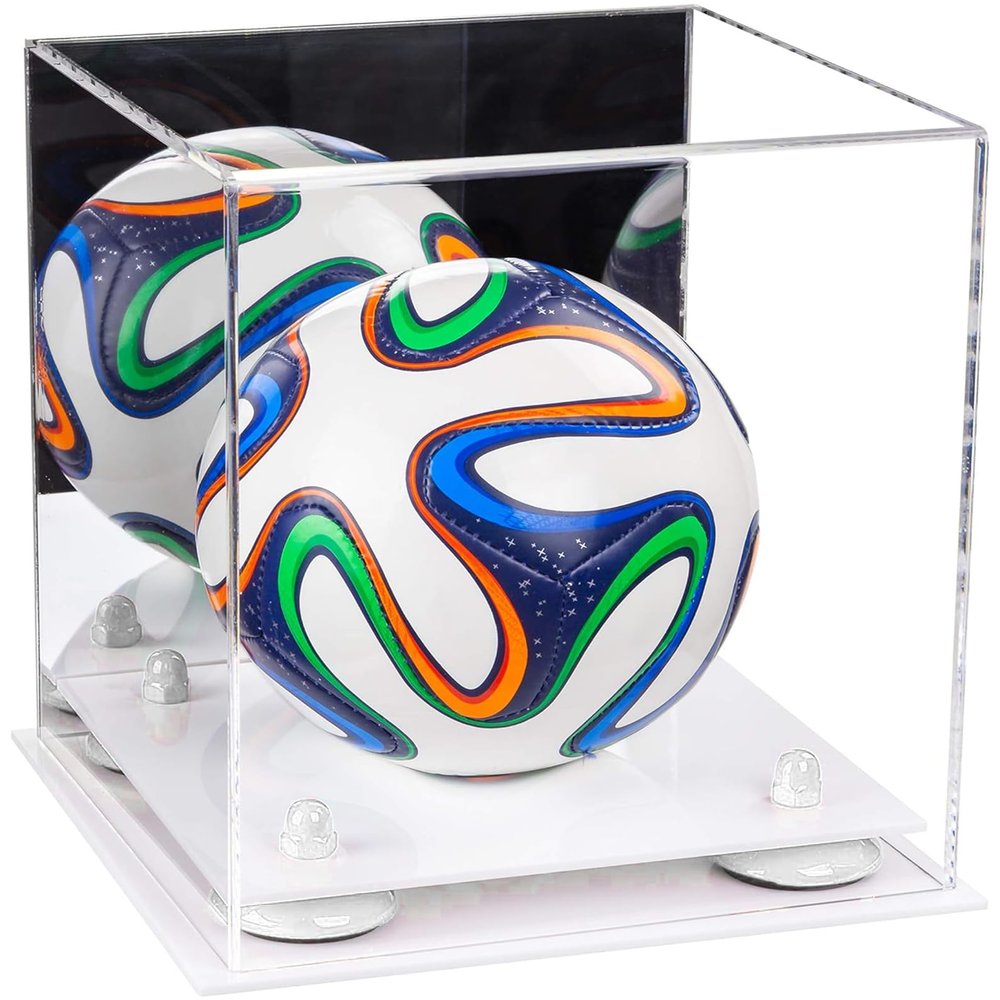 Better Display Cases Acrylic Mini - Miniature (not Full Size) Soccer Ball Display Case with Mirror Case, White Risers and White Base (B03/A015)