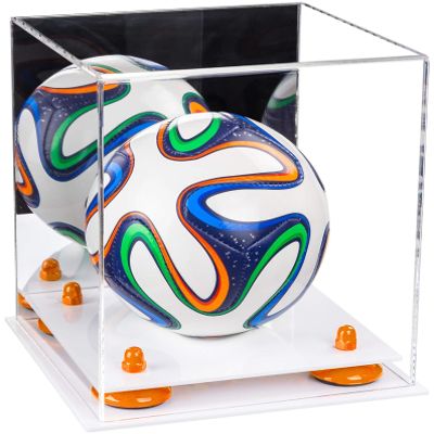 Better Display Cases Acrylic Mini - Miniature (not Full Size) Soccer Ball Display Case with Mirror Case, Orange Risers and White Base (B03/A015)