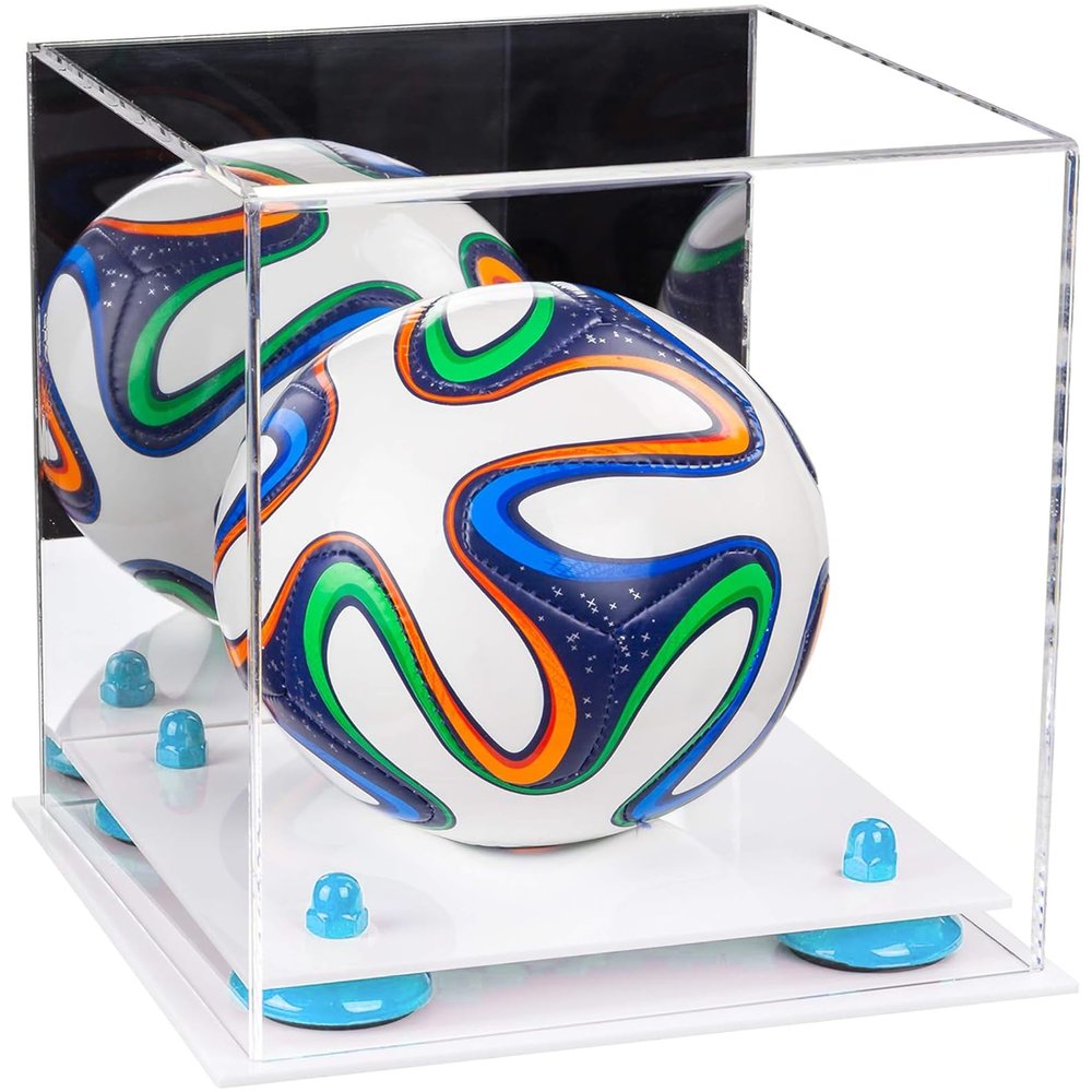 Better Display Cases Acrylic Mini - Miniature (not Full Size) Soccer Ball Display Case with Mirror Case, Light Blue Risers and White Base (B03/A015)