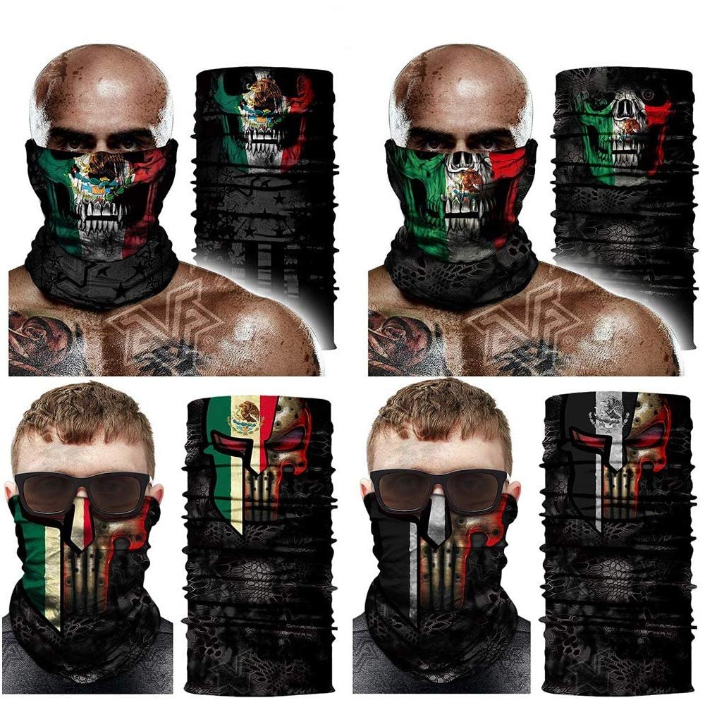 4pcs Mexico Flag Face Scarf Tube Scarf Bandana Dust Wind Sun Protection Seamless Balaclava for Breathable Skeleton Scarf