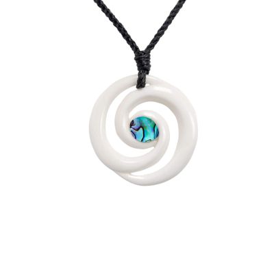 81stgeneration Hand-Carved Bone Paua Shell Double Koru Spiral Pendant Necklace - Adjustable Cord Surfer Necklace for Men - Women's Maori-Style Amulet - Tribal Handmade Statement Jewelry