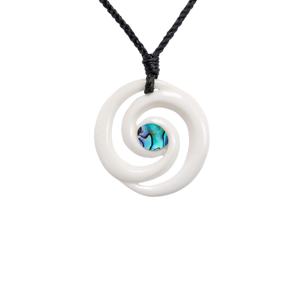 81stgeneration Hand-Carved Bone Paua Shell Double Koru Spiral Pendant Necklace - Adjustable Cord Surfer Necklace for Men - Women's Maori-Style Amulet - Tribal Handmade Statement Jewelry