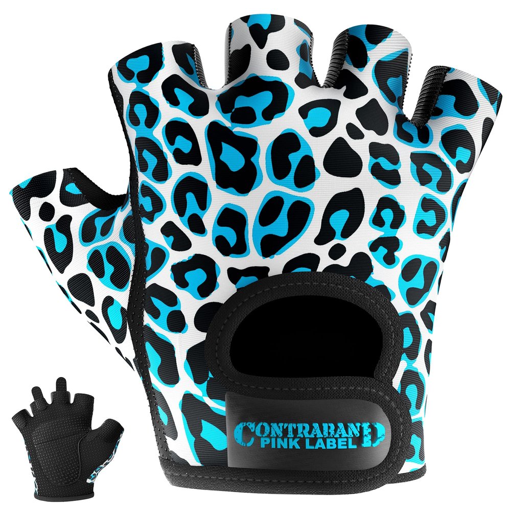 Contraband Pink Label 5297 Womens Design Series Leopard Print Lifting & Rowing Gloves (Pair) - Lightweight Vegan Medium Padded Microfiber Amara Leather w/Griplock Silicone (Turquoise Blue, X-Small)