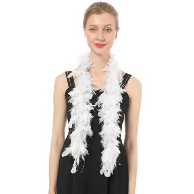 Flydreamfeathers 25 Gram, 4 Feet Long Chandelle Feather Boa, Party, Wedding, Halloween Costume, Christmas Tree, Decoration (White W/Silver Tinsel Color)