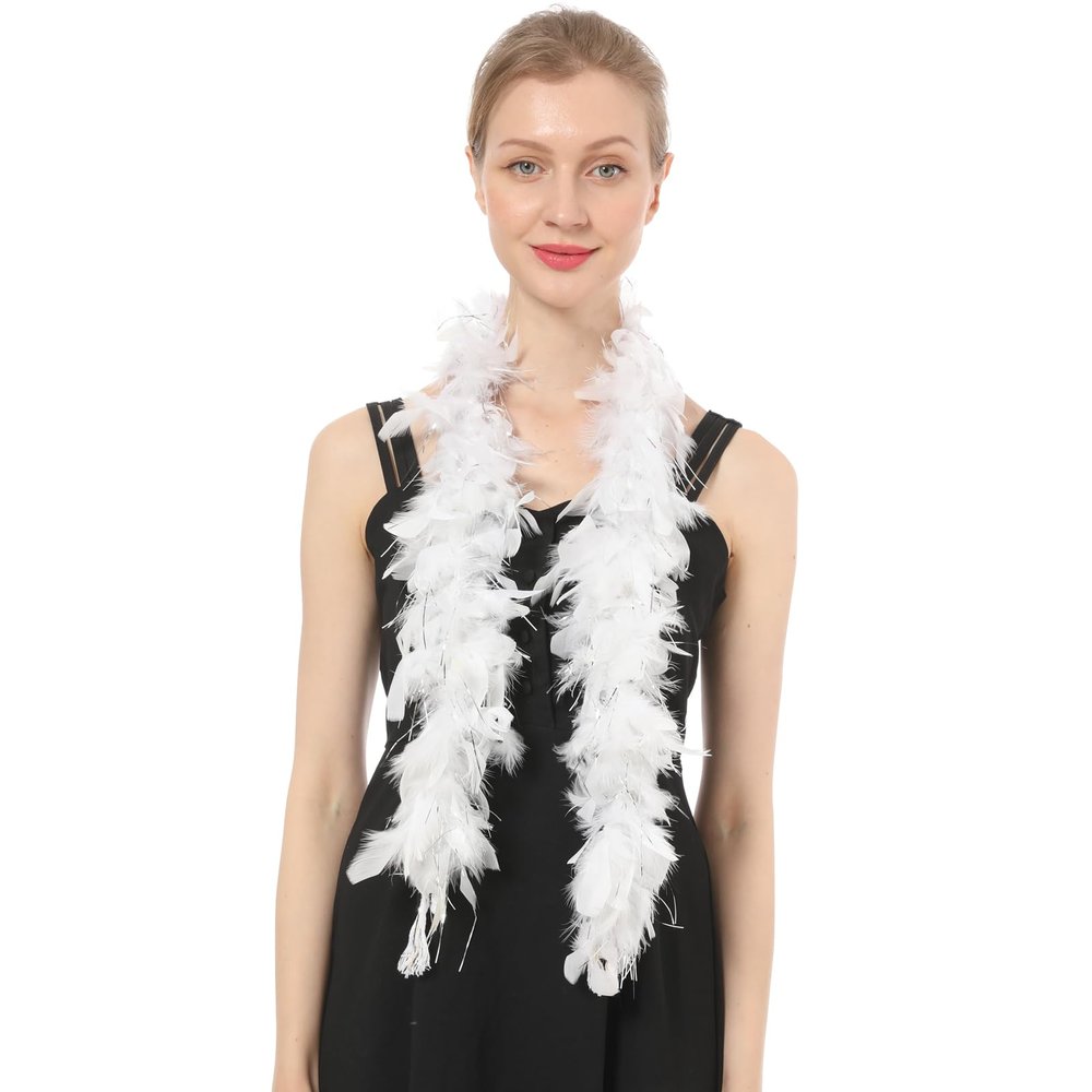Flydreamfeathers 25 Gram, 4 Feet Long Chandelle Feather Boa, Party, Wedding, Halloween Costume, Christmas Tree, Decoration (White W/Silver Tinsel Color)