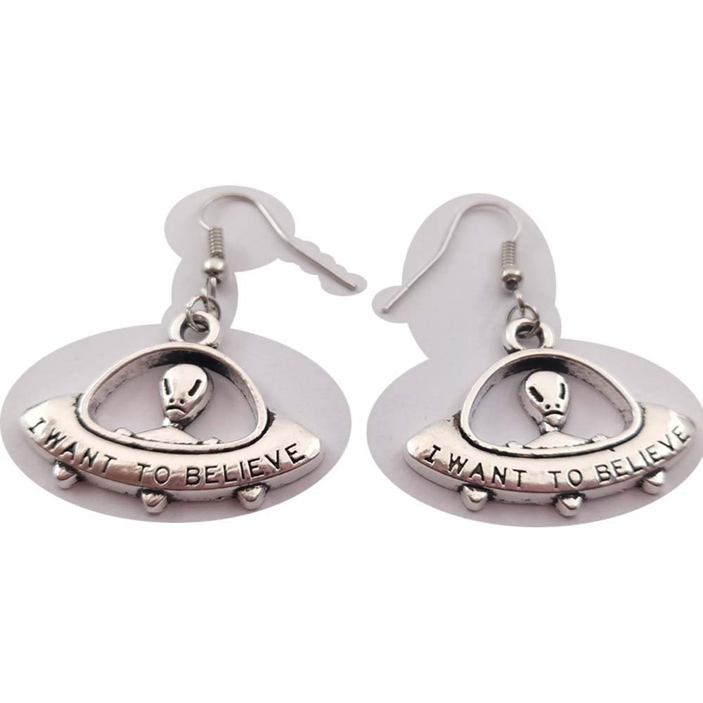 1pair(2pcs) Tibetan Silver UFO Alien Dangle Drop Earrings Sun Earrings Handmade DIY Jewelry (alien)