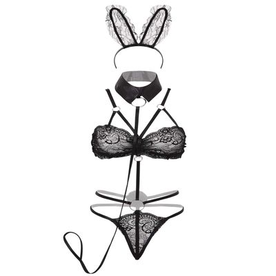 ACSUSS Womens Sexy Lace-up Lingerie Sets Naughty Bunny Uniform Rabbit Cosplay Costumes 2# Black One Size