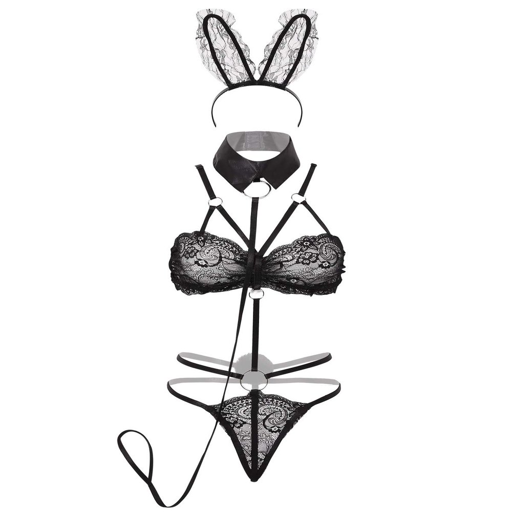 ACSUSS Womens Sexy Lace-up Lingerie Sets Naughty Bunny Uniform Rabbit Cosplay Costumes 2# Black One Size