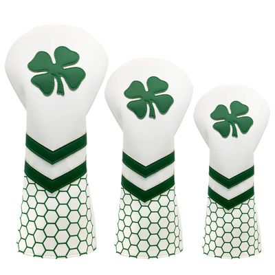 3pcs Golf Club Covers for Driver and Woods - Lucky Clover Golf Driver Headcover, Rotatable #3 5 Fairway Woods Head Cover, Hybrid Headcover - White Synthetic Leather Golf Club Head Covers