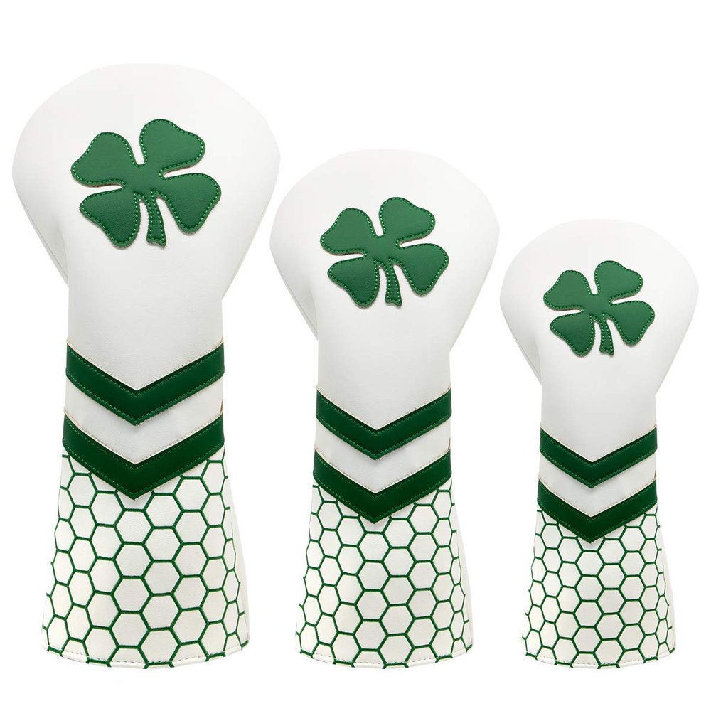 3pcs Golf Club Covers for Driver and Woods - Lucky Clover Golf Driver Headcover, Rotatable #3 5 Fairway Woods Head Cover, Hybrid Headcover - White Synthetic Leather Golf Club Head Covers