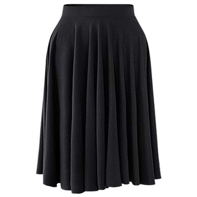 ebossy Women's Soft Modal Cotton Stretchy Waist A-Line Flared Shirring Pleated Flowy Midi Skirt (Medium, Black)