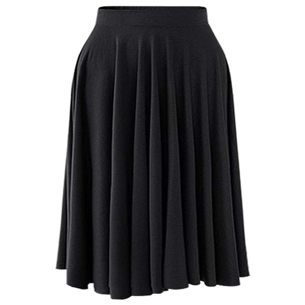 ebossy Women's Soft Modal Cotton Stretchy Waist A-Line Flared Shirring Pleated Flowy Midi Skirt (Medium, Black)