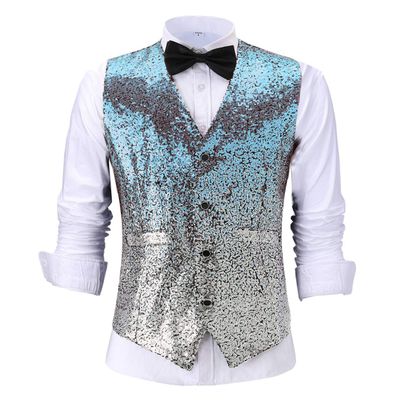 Ceehuteey Suit Vest Gradient Color Sequin Mens Evening Party Fashion Waistcoat for Wedding Groomsmen M,Ice Blue-Silver