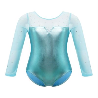 TiaoBug Kids Girls Shiny Metallic Gymnastics Leotards One-Piece Long Sleeve Ballet Dance Leotard Bodysuit Activewear Metallic Lake_Green 7-8