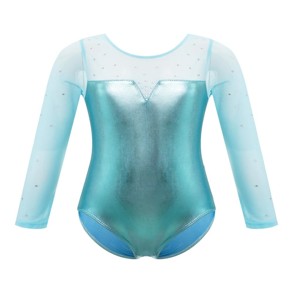 TiaoBug Kids Girls Shiny Metallic Gymnastics Leotards One-Piece Long Sleeve Ballet Dance Leotard Bodysuit Activewear Metallic Lake_Green 7-8