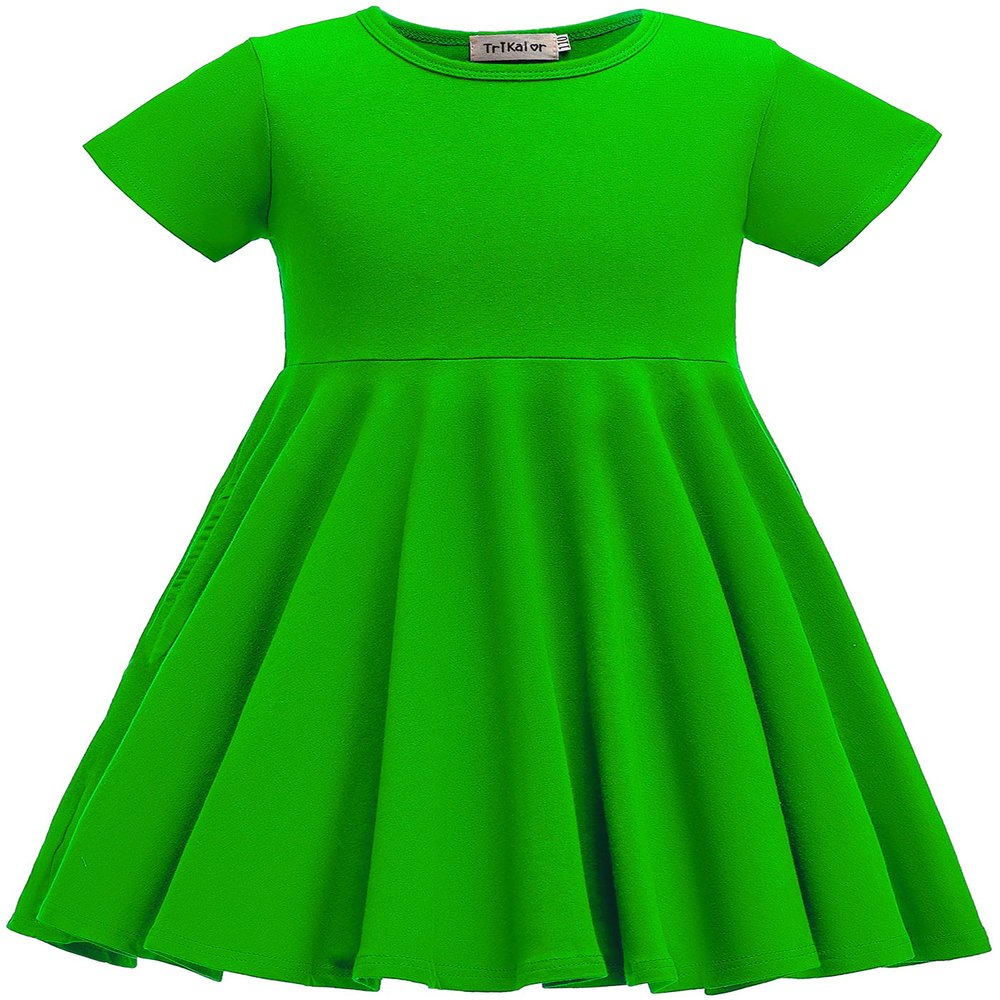TriKalor Girls Dresses Short Sleeve Solid Color Skater Casual Twirly Dress with Pockets Grass Green 4-5T