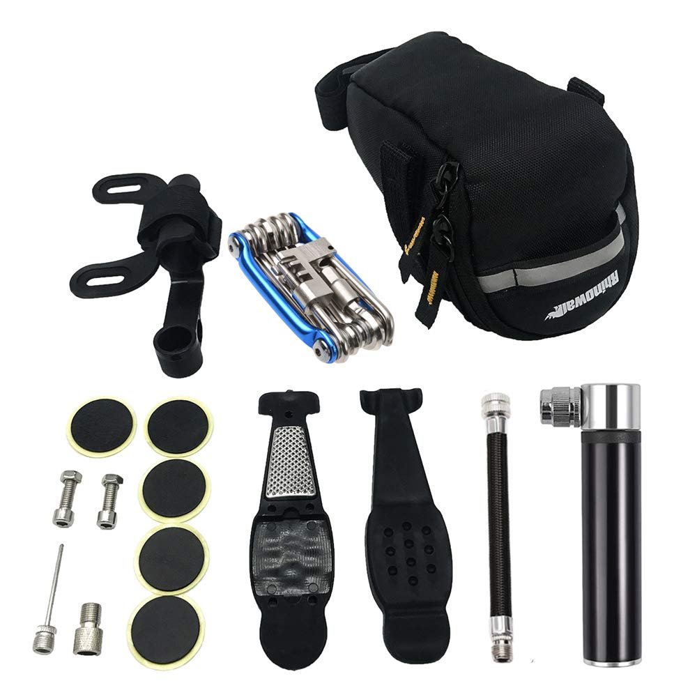 Bike Tire Repair Kit and Mini Bike Pump - for The Presta and Schrader Glueless Puncture Repair Kit (Up to 120 PSI) for Road Mountain Bikes and BMX Bikes with Bike Tail Bag