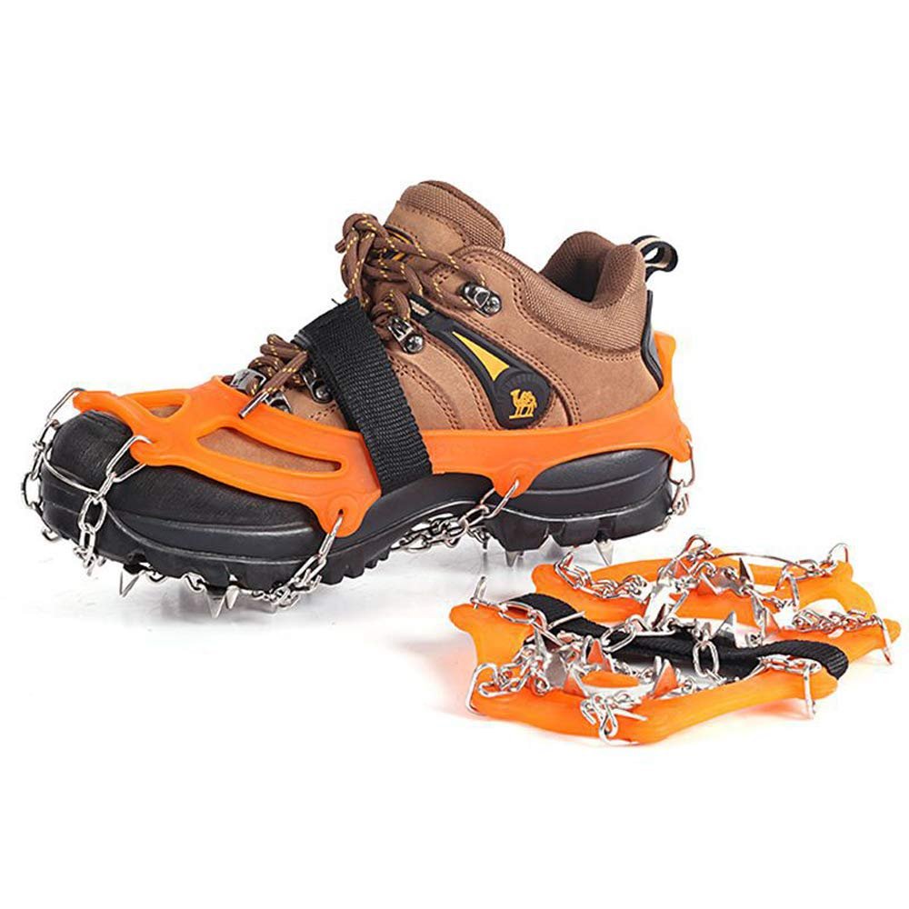 AnEssOil Ice Snow Grips Traction Cleats Upgraded 19 Spikes Crampons for Snow Shoes and Boots for Winter Trail Running, Hiking, and Ice Fishing (Orange,XL)