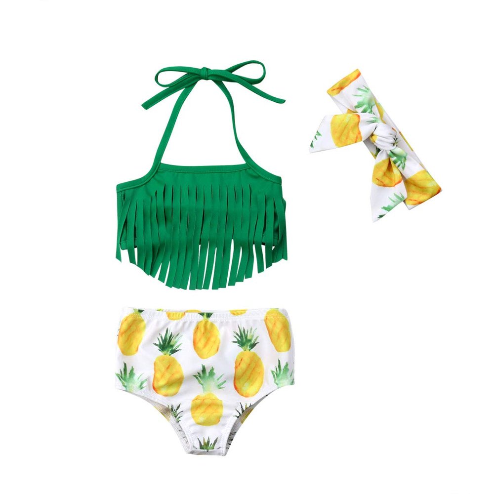 Infant Toddler Baby Girl Tassel Bikini Swimsuit Tops Watermelon Bikini Bottom 3PCS Swimwear Sets Bathing Suit (6-12 Months, Pineapple Yellow Green)