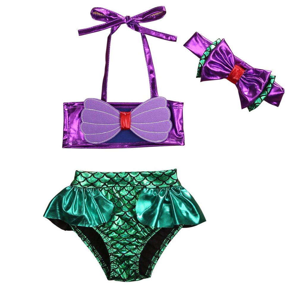 Infant Toddler Baby Girl Tassel Bikini Swimsuit Tops Watermelon Bikini Bottom 3PCS Swimwear Sets Bathing Suit (1-2 T, Mermaid Bikini Set)