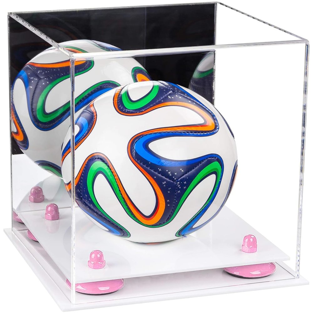 Better Display Cases Acrylic Mini - Miniature (not Full Size) Soccer Ball Display Case with Mirror Case, Pink Risers and White Base (B03/A015)
