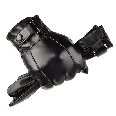 AZYOUNG Men's Winter PU Touch Screen Warm Riding Business Leisure Washed Leather Gloves (Black)