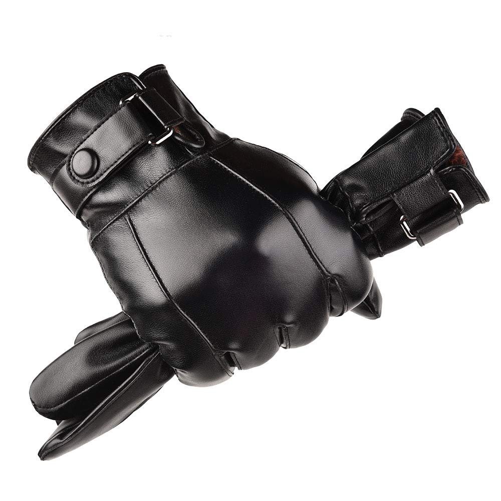 AZYOUNG Men's Winter PU Touch Screen Warm Riding Business Leisure Washed Leather Gloves (Black)